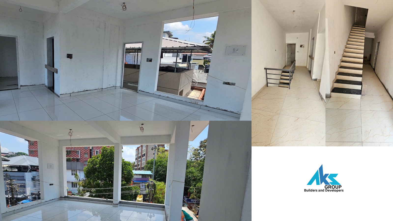 AKS Constructions nears completion on Mr. Vijayakumar's commercial building in Trivandrum — vitrified flooring, staircase and finishing work by trusted commercial building contractors in Kerala.